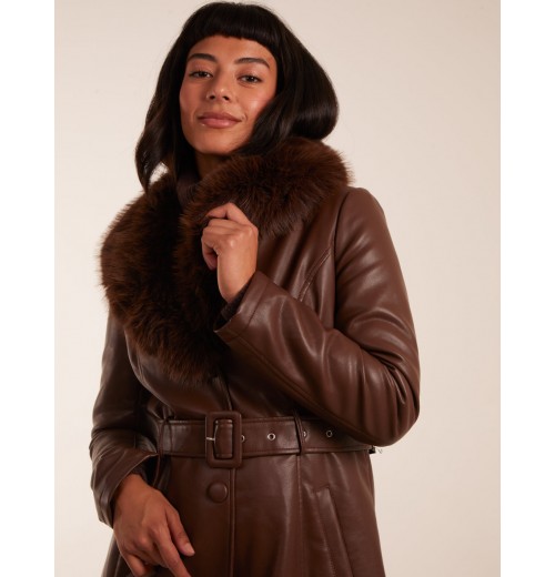 Longline Leather Look Faux Fur Coat