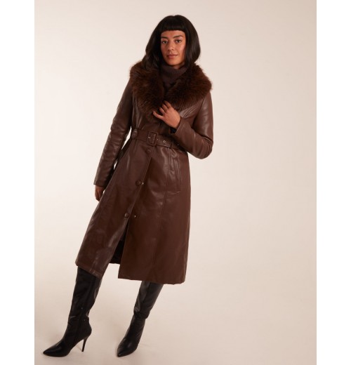 Longline Leather Look Faux Fur Coat